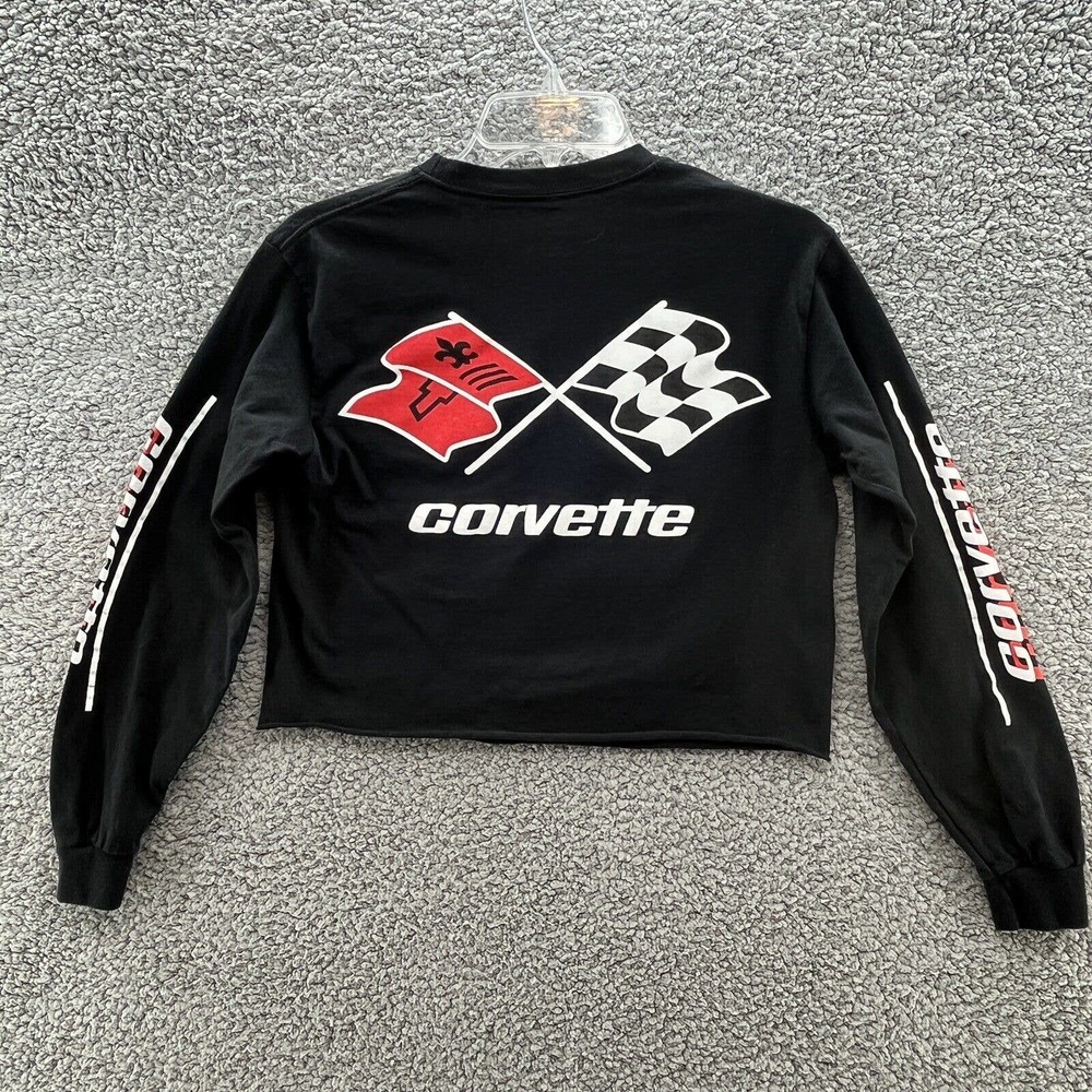 GM Corvette T Shirt Cropped Tee Spellout Flags Checkerboard